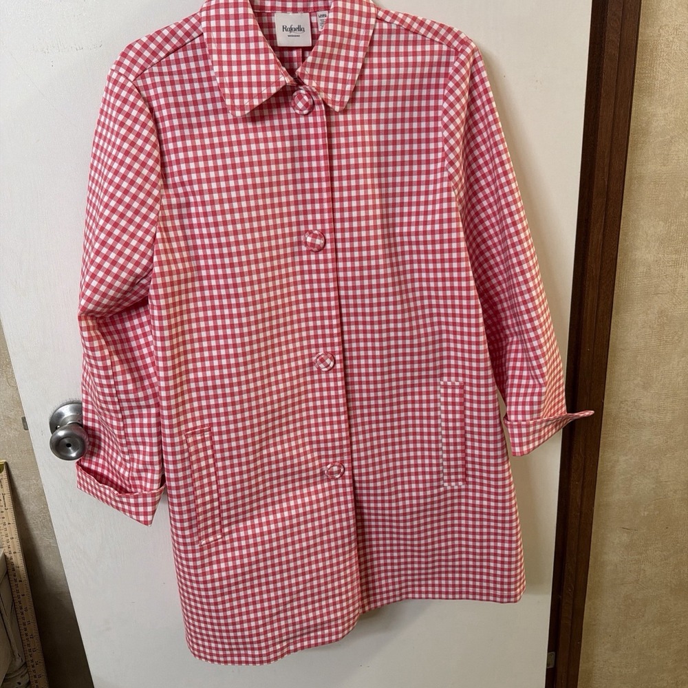 Rafaella Size L Petite Coral White Checkered Ladies Coat